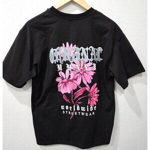 Shein Mens Original MMXXI Streetwear Black Shirt with Pink Floral Design Size S
